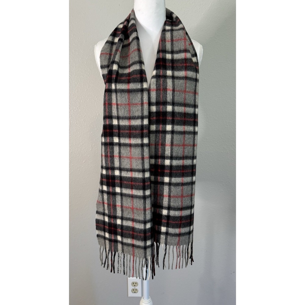MUJI Wool Cashmere Plaid Scarf Old Money Preppy Tartan Gray Black Red Fringe